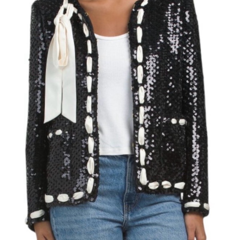 Loveshackfancy Black Sequin Jacket With White Accents